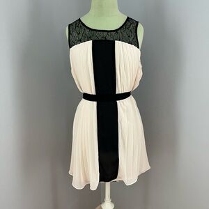 Elegant Black and Cream Pleated Dress with Lace Detail